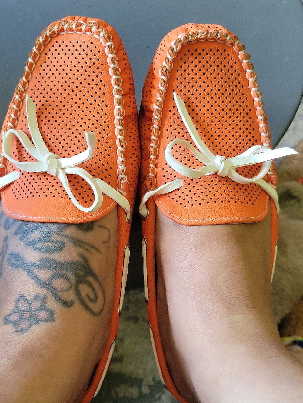 Nature Breeze Orange Perforated Bow-Accent Driving Loafers
